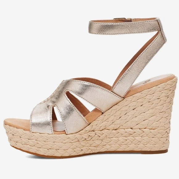 Ugg ankle strap wedges with metallic leather straps and raffia espadrille wedge - Picture 2 of 11
